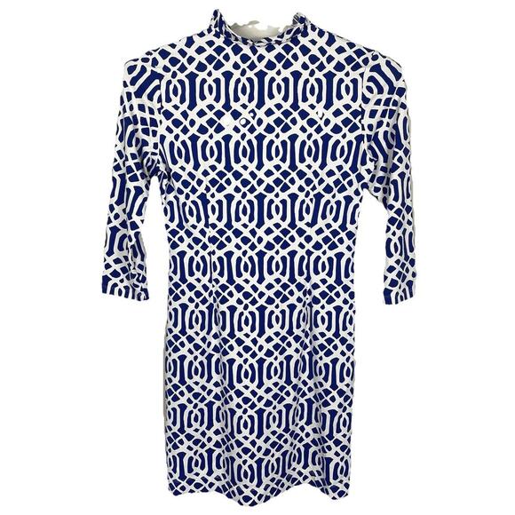 J McLaughlin Durham Ruffle Dress Sz S Blue Trellis Catalina Cloth Career Classic - Picture 2 of 9